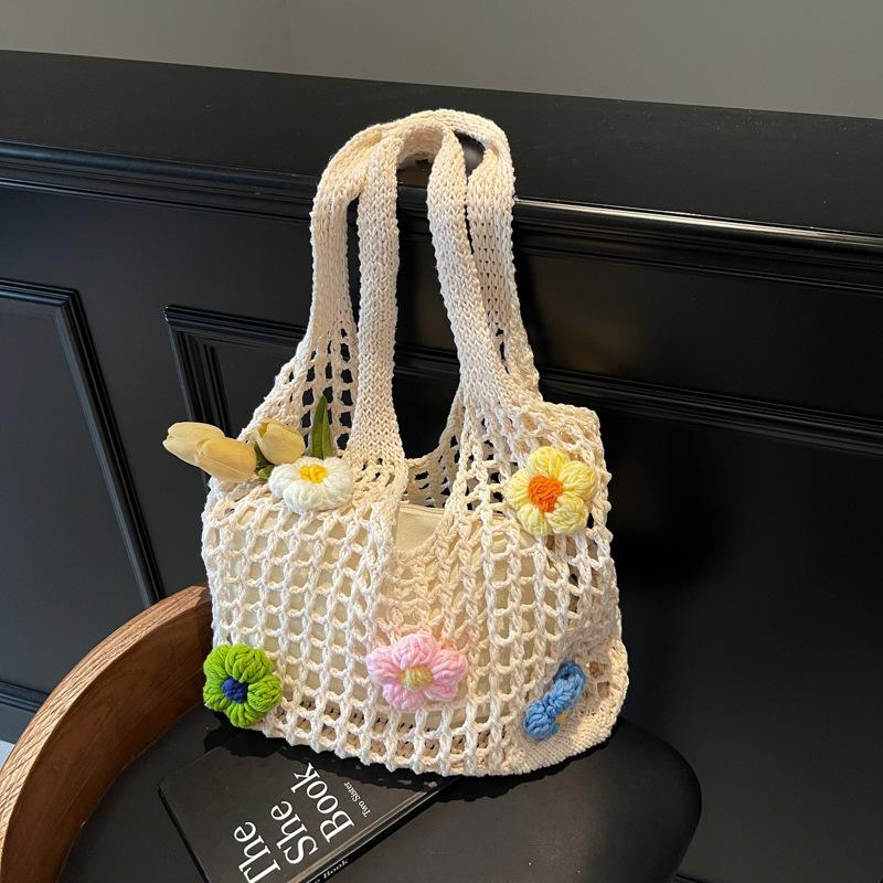 Large Capacity Hollow Knitted Bag Women's Summer New Versatile Single Shoulder Mother and Child Bag Woven Tote Bag