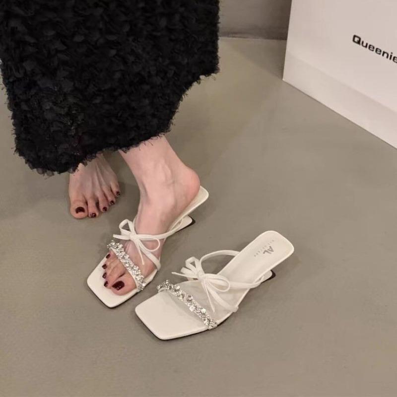 Fashion Crystal Bow Women Slippers Shoes Sandals Summer Mid Heels Designer Outdoor Flip Flops 2024 Slingback Zapatos Mujer Slides Pumps