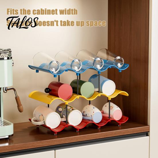 Cup Storage Rack, Multi-Layer Stacking Organizer, with Wavy Slot Design, Space Saving Desktop Bar Storage for Mugs Glasses Coffee Cups