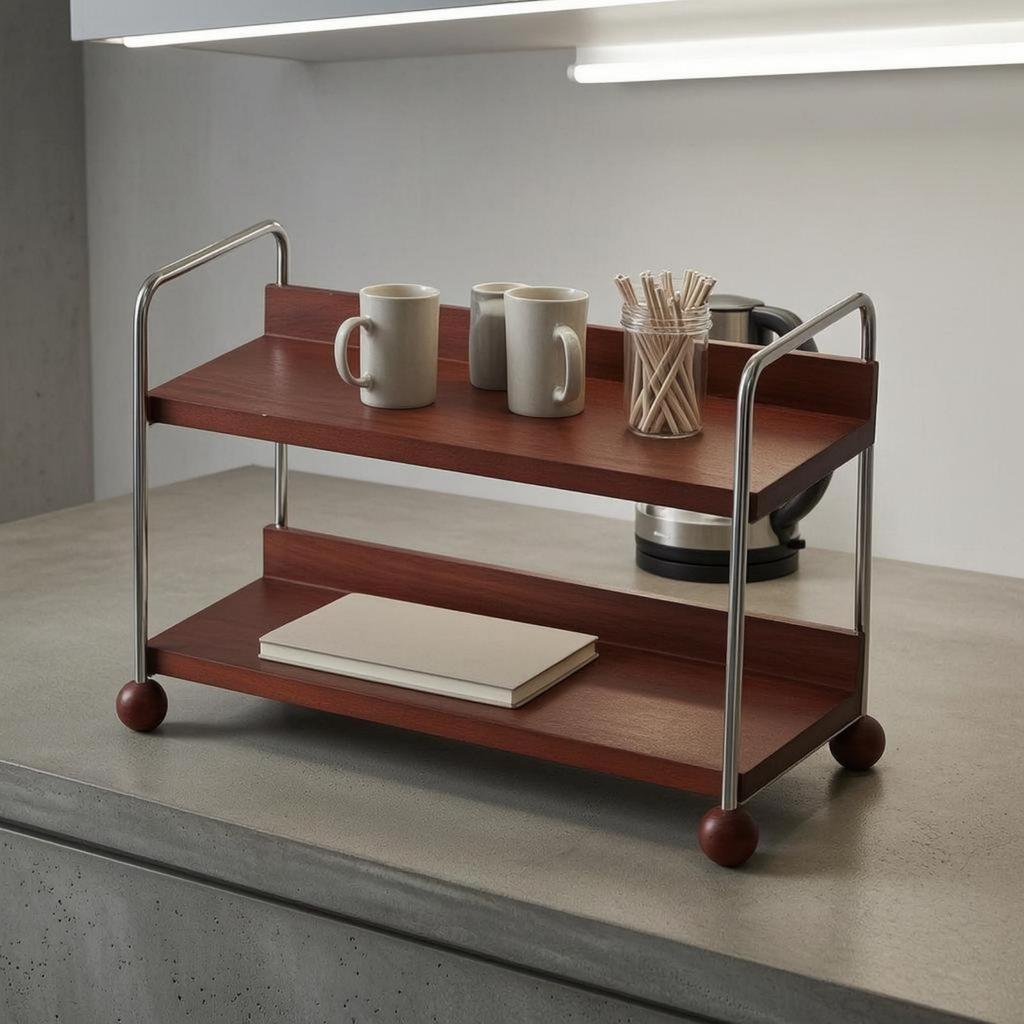 TwoTier Mug Rack Raised Rails Wood and Steel Cup Organizer Wooden Countertop Shelf