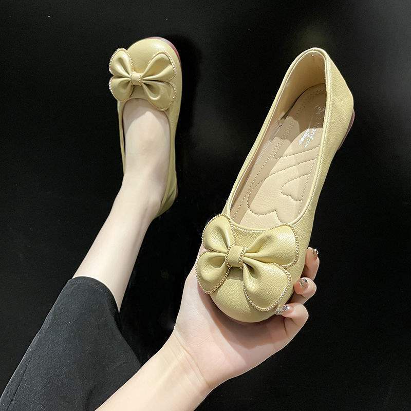 Bow-tie Shallow-mouth Doudou Shoes, One-pedal Soft-soled Soft Leather with Skirt, Single Shoes, Ladyshoes In Spring and Autumn