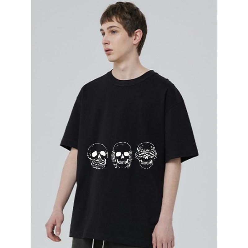 Black T Shirt with Three Skulls and Text Print for Casual Wear