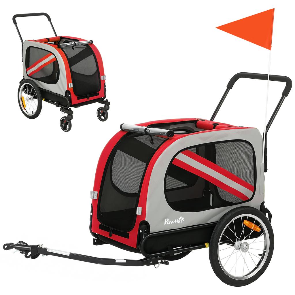 2-In-1 Dog Bike Trailer Pet Stroller with Universal Wheel Reflector Flag Red