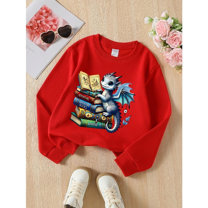 Kids Long‑Sleeve Crewneck Sweatshirt, Cute Dragon Reading Adventure Books Print,Daily Casual Top for Spring & Autumn