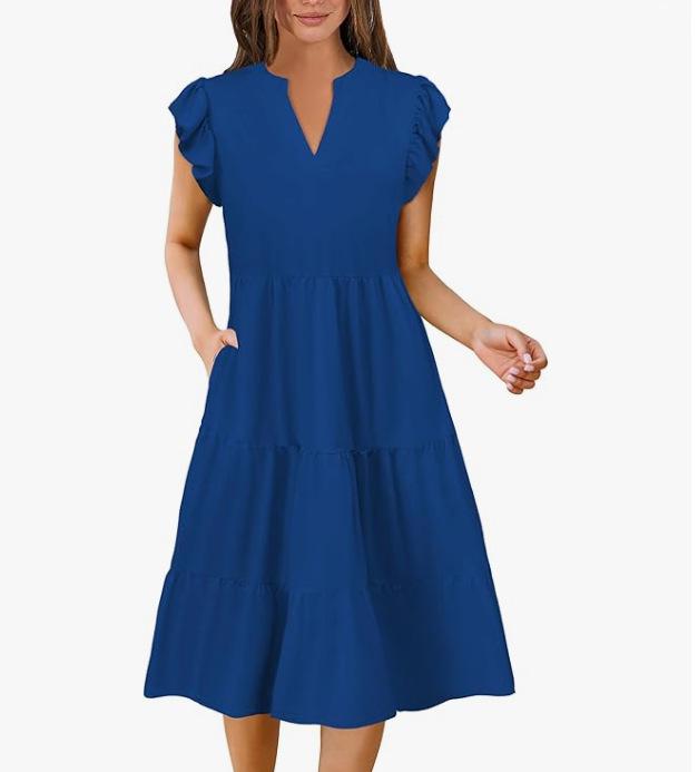 European Women s V-Neck Ruffle Sleeve Patchwork Dress with Pockets - 2026 Collection Medium синий
