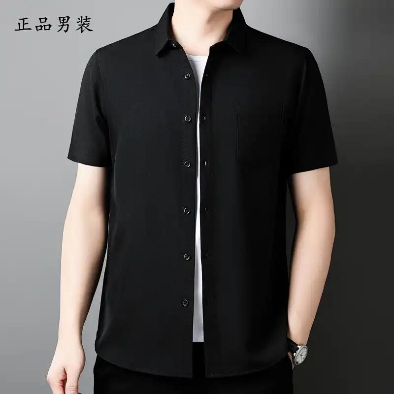 Men's Light Gray Short Sleeve Shirt Casual Button-Down Cotton Blend Shirt with Chest Pocket