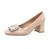 French Thick Heel Light Mouth Single Shoes Women's 2025 Spring and Autumn New Red Wedding Shoes Rhinestone Square Buckle Nude Square Head High Heels