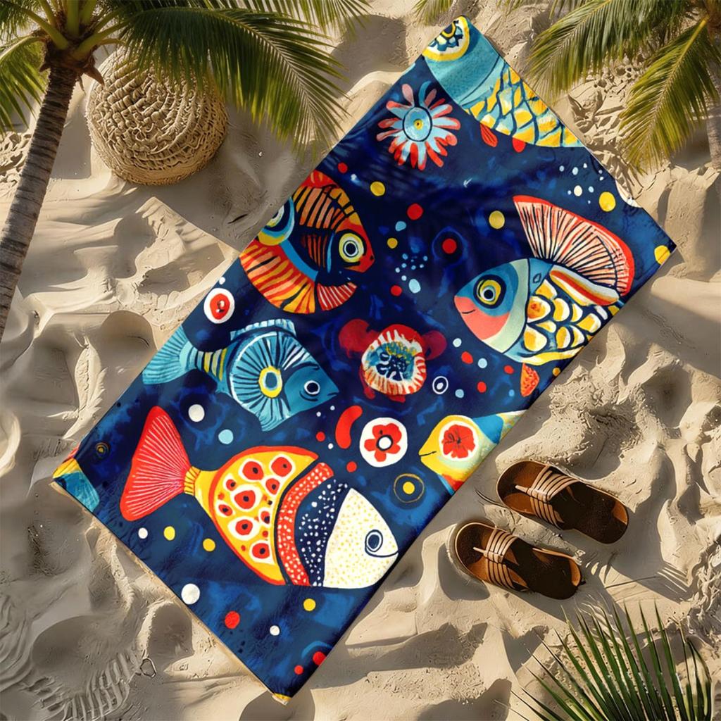 Tropical Ocean Colorful Fish Theme polyester microfiber beach towel is highly absorbent, suitable for swimming and beach outings