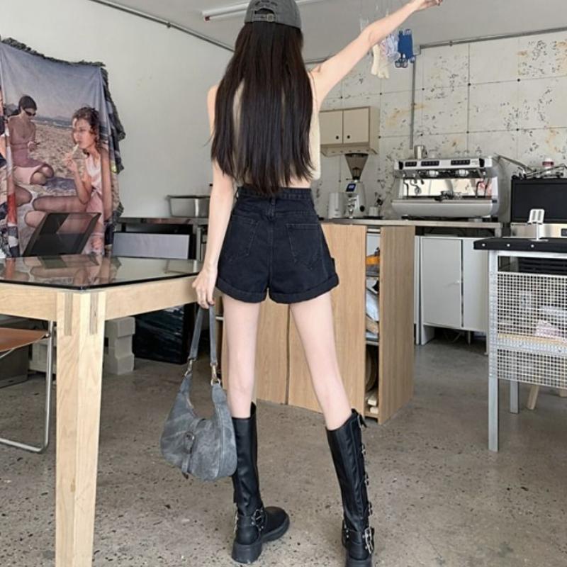 Large Retro Rolled Edge High Waisted Denim Shorts for Women In Summer Loose Wide Leg Pants Spicy Girls' A-line Straight Leg Hot Pants