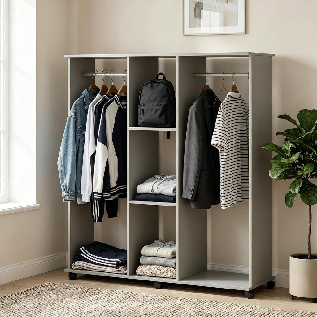 Open Clothing Rack, Mobile Open Garment Rack Storage Organizer with Multi-Compartments, Freestanding Clothing Display Rack