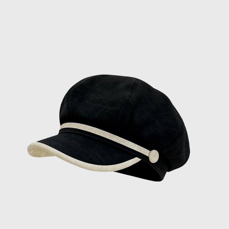 New pu leather brim octagonal hat female retro face little newsboy painter hat big head circumference beret
