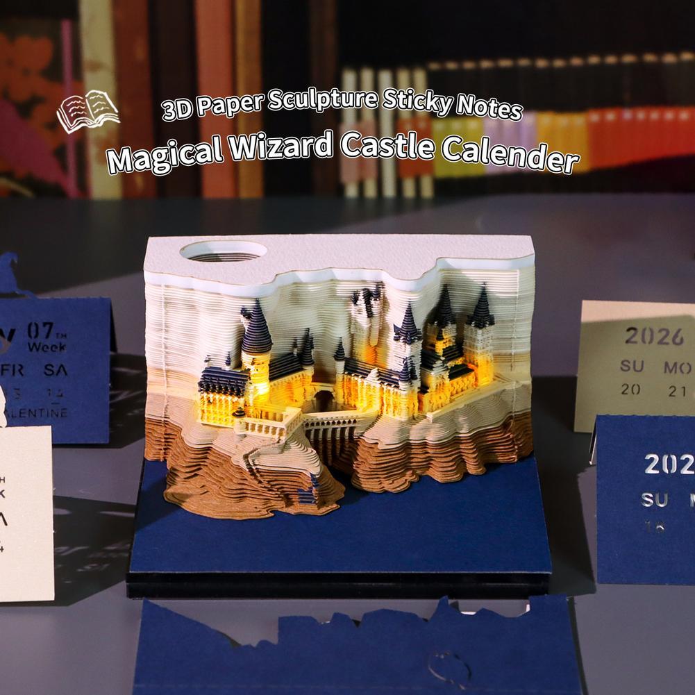 Magic Castle Weekly Calendar With Lights 3D Paper Craft Notepad with Acrylic Box Planner Desk Decor Christmas Birthday Gifts
