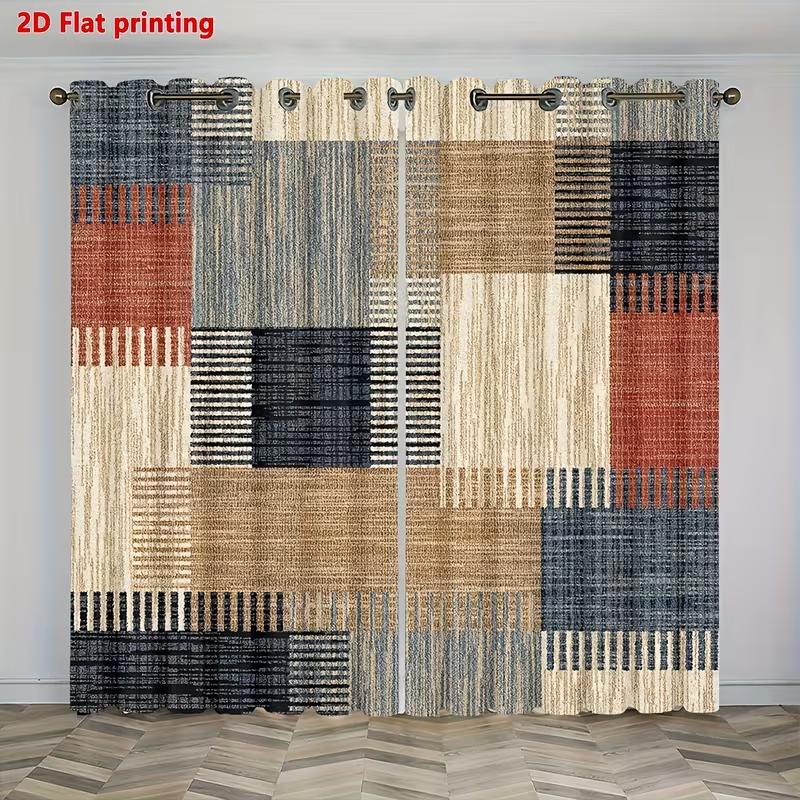 2pcs 2D Flat Colorful Patchwork Geometric Plaid Modern Minimalist Curtains, Polyester Material Softens Light Privacy Protection