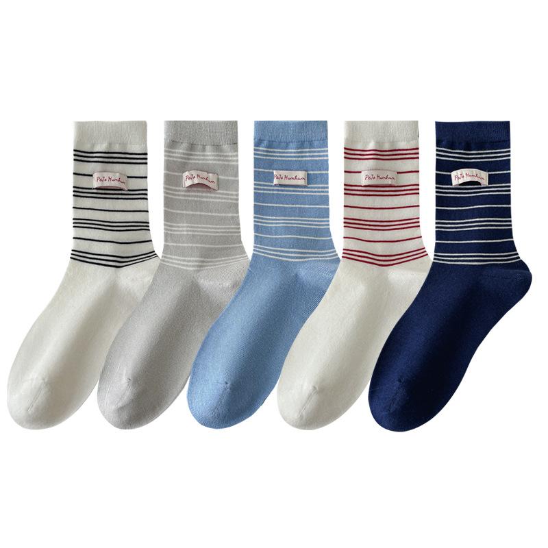 Female Autumn New Product Retro Fashion Assorted Striped Cloth Label College Wind Tube Cotton Socks