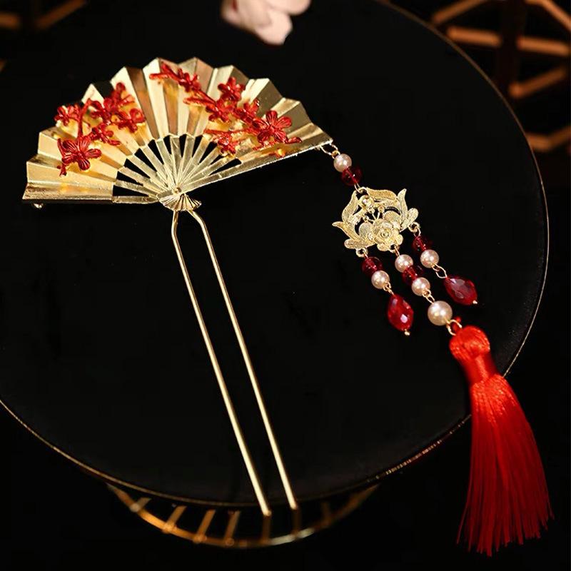 2024 Chinese Style Metal Fan Tassel U-Shape Hairpin for Women - Hair Stick Accessories for Qipao & Ma Mian Skirts