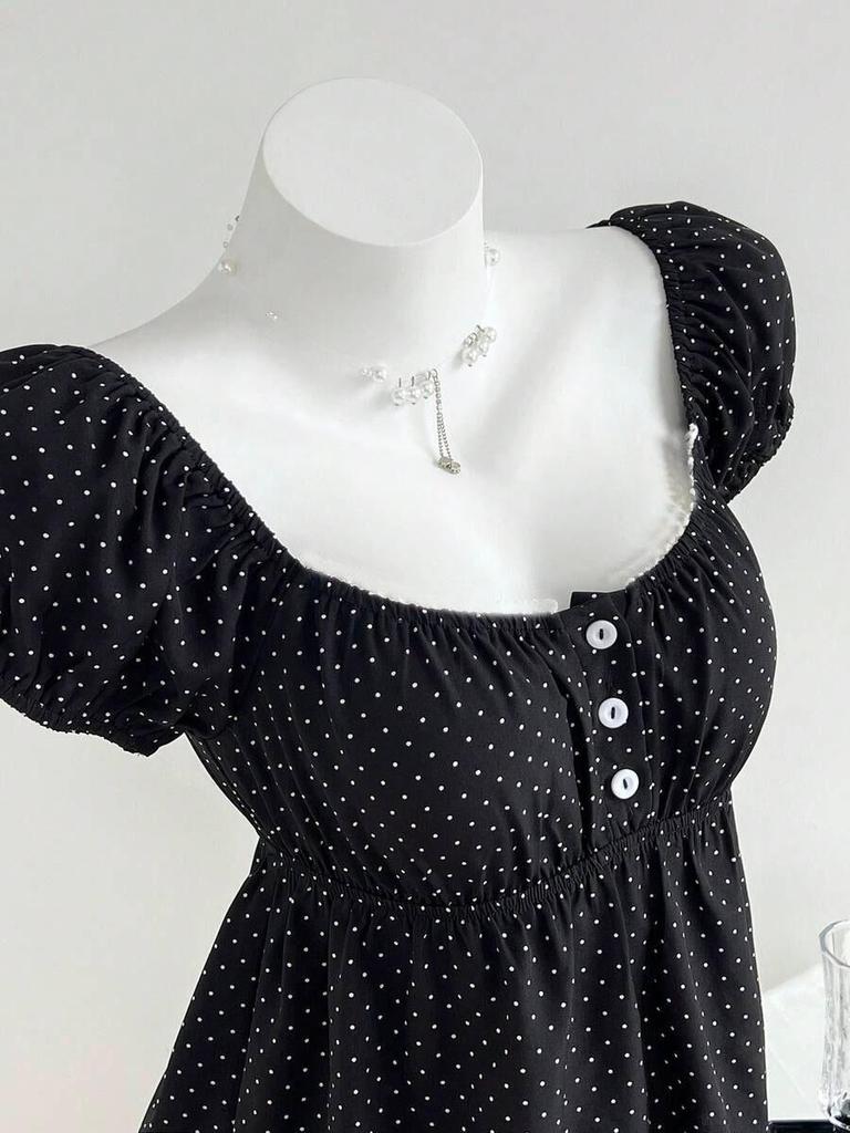 Summer 2026 Women's Polka Dot Puff Sleeve French Square Neck Slim Waist Top