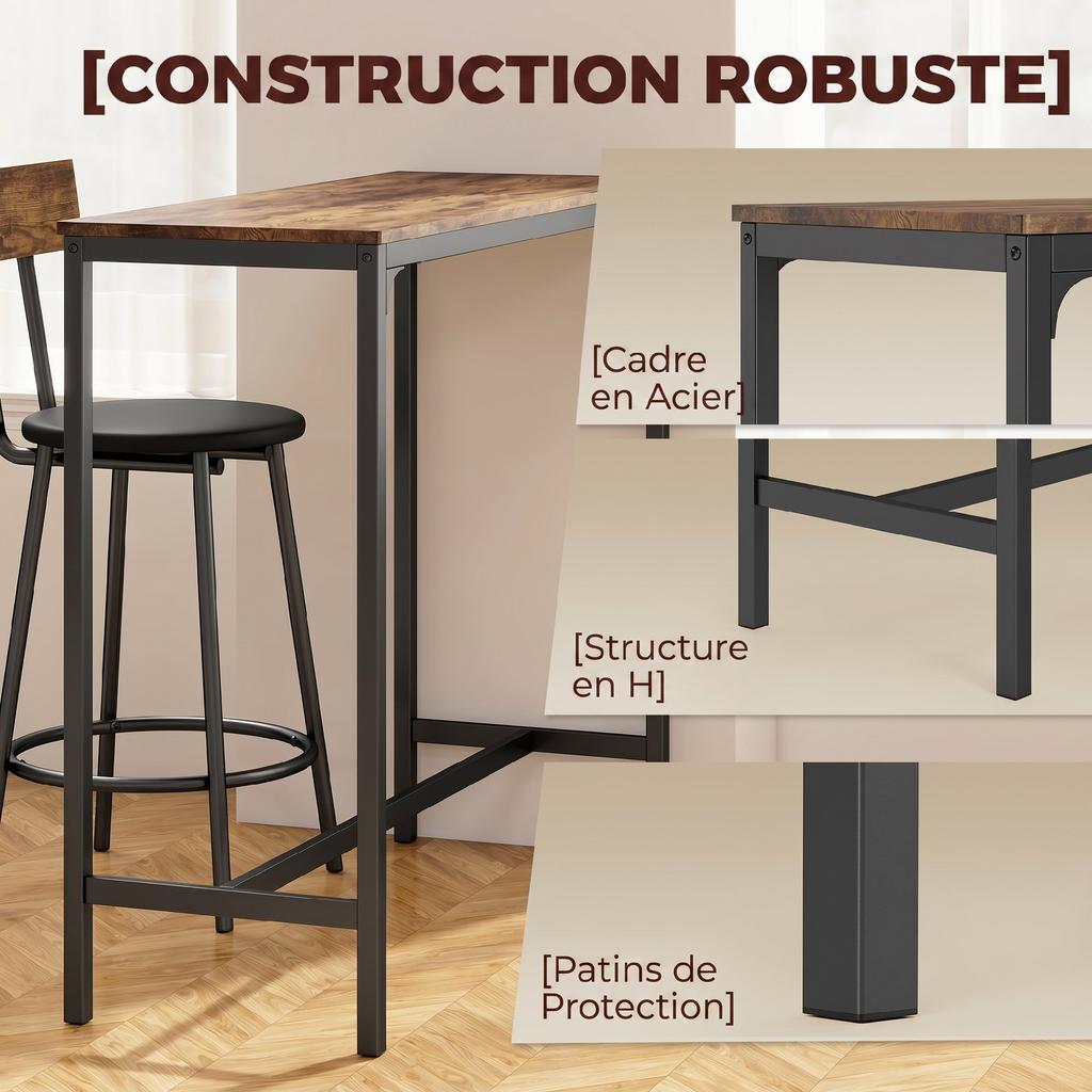 Bar Table Set with 2 Stools, High Kitchen Table, 2 PU-Padded Bar Stools, Footrest, Brown