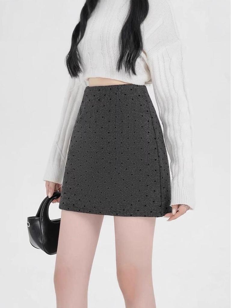 Women's Gray Heart Polka Dot Woolen A-Line High Waist Slimming Short Skirt for Autumn/Winter