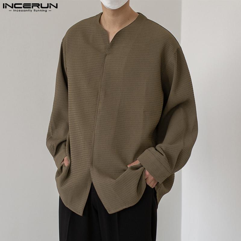 

INCERUN Весенние мужские однотонные повседневные рубашки с длинными рукавами и топы