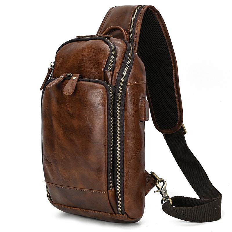 Retro Men'S Leather Breast Bag Usb Multifunctional Charging Crazy Horse Leather Crossbody Bag Men'S Shoulder Bag Large Capacity Backpack