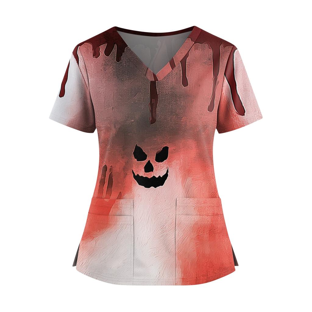 Women's V Neck Casual Halloween Print Top for Caregivers Short Sleeve Comfortable Fit Lightweight Fabric Workwear