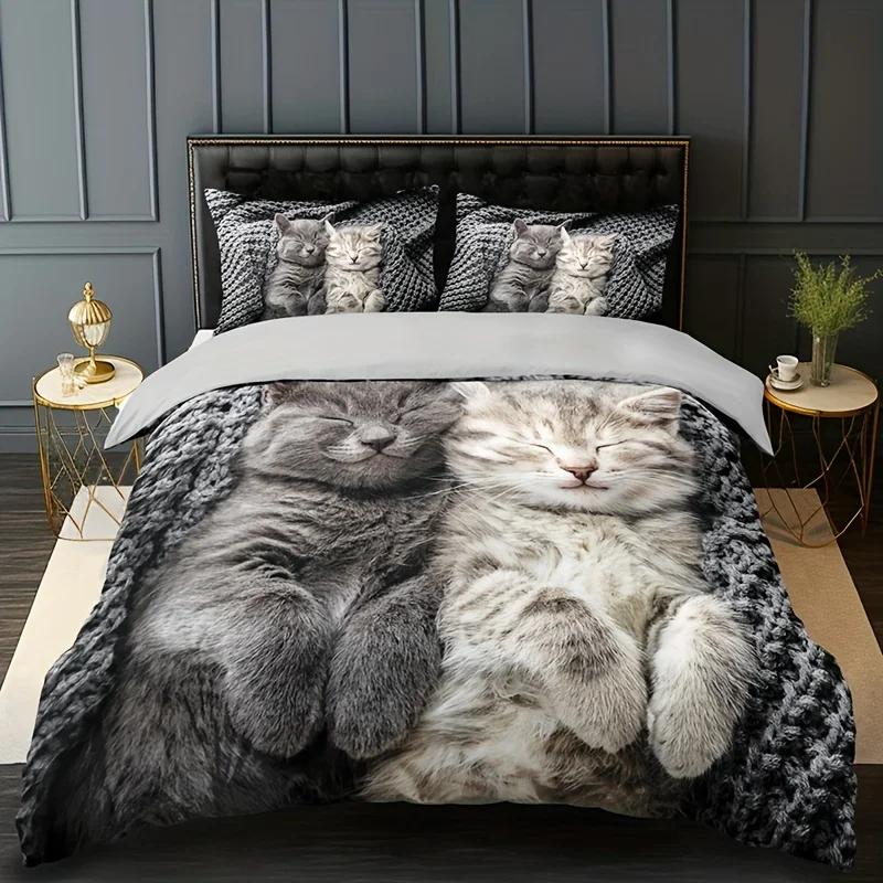 3Pcs Cat Animal Duvet Cover Set 3D Cute Pet Cat Hd Printing Bedding For Home Dorm