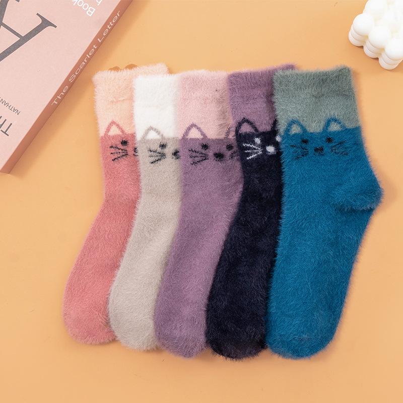 5 Pairs of Female Ferret Cat Thick Warm Rabbit Wool Mid Tube Socks