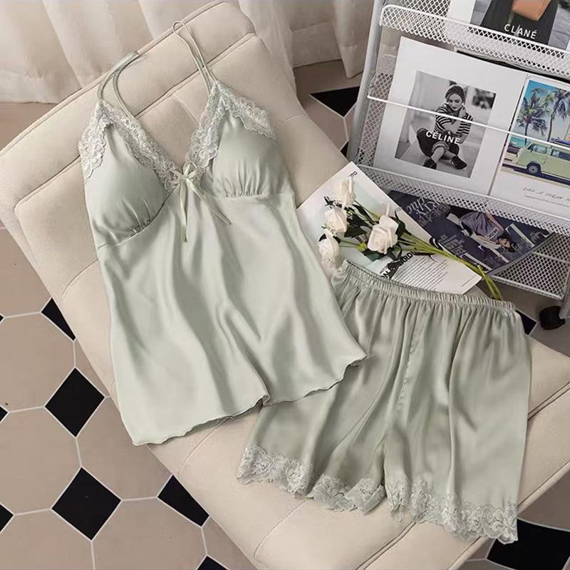 

Женский пижамный комплект из ледяного шелка на бретелях-спагетти: Весна/Лето, Топ без рукавов с нагрудными вкладышами и шорты Large