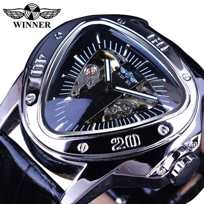 WINNER Steampunk moda triángulo esqueleto dorado movimiento misterioso hombres relojes de pulsera mecánicos automáticos marca superior de lujo