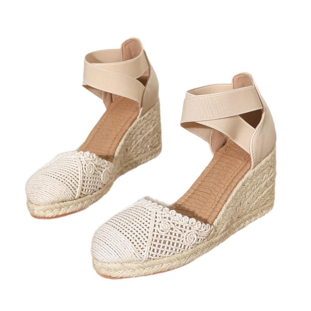 Women's Plus Size High Heel Straw Woven Sandals - Thick Sole, Height Increasing, Single Strap, European & American Style.