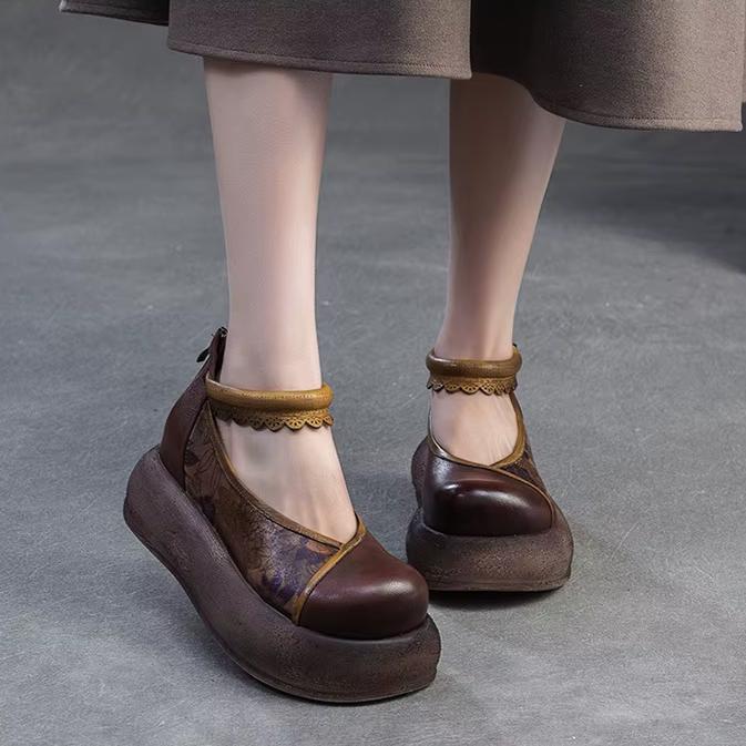 Johnature Thick Soled Height Increasing Shoes Genuine Leather Printed Retro Women's Flat Platform Shoes