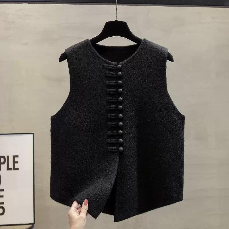 

Весна-осінь Однотонний кардиган з круглим вирізом і ґудзиками, светр без рукавів, в’язаний жилет, жіночий одяг, базові топи 2XL