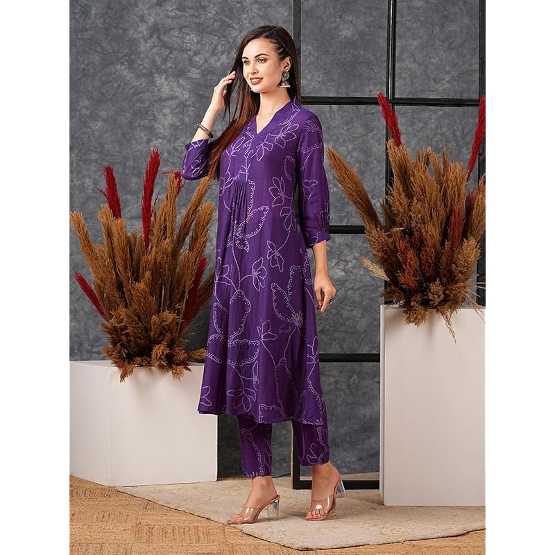 GoSriKi Women s Cotton Blend Anarkali Printed Kurta with Pant (Marup Begani-NW-GS_S_Begani_Small) S