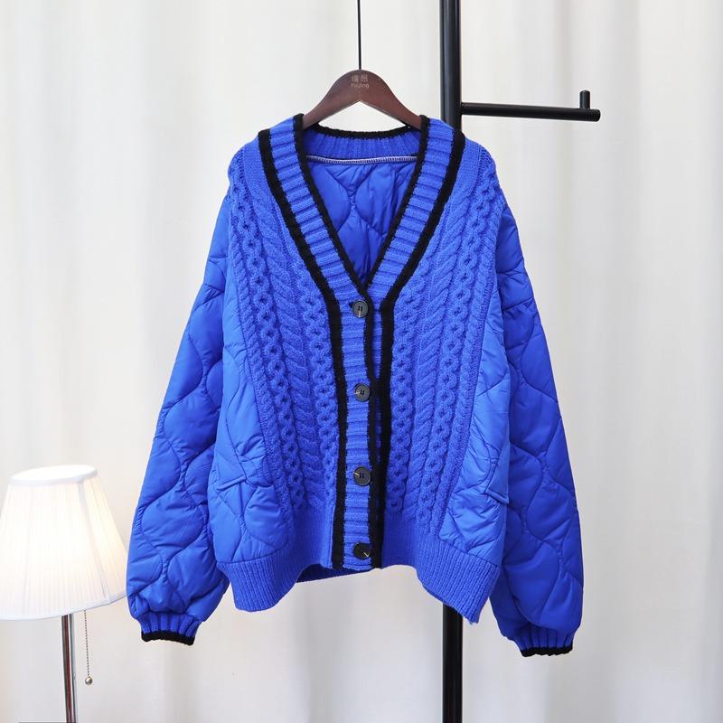 Autumn and Winter Loose Splicing Cotton Clothes Sweater Jacket Women's Lazy Wind Thickened Contrasting Color Knitted Cardigan Commuter Wind