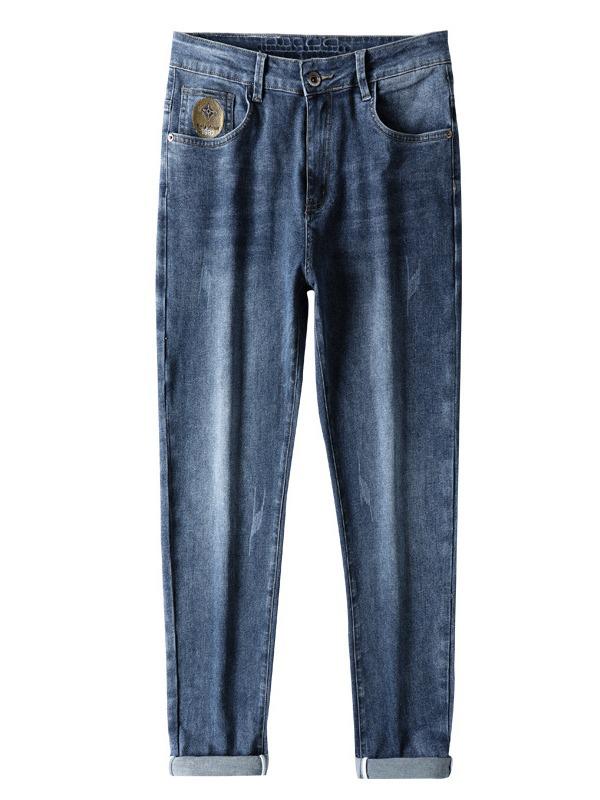 Xintang Men's Trendy Letter Print Slim Straight Jeans - All-Season Casual Style