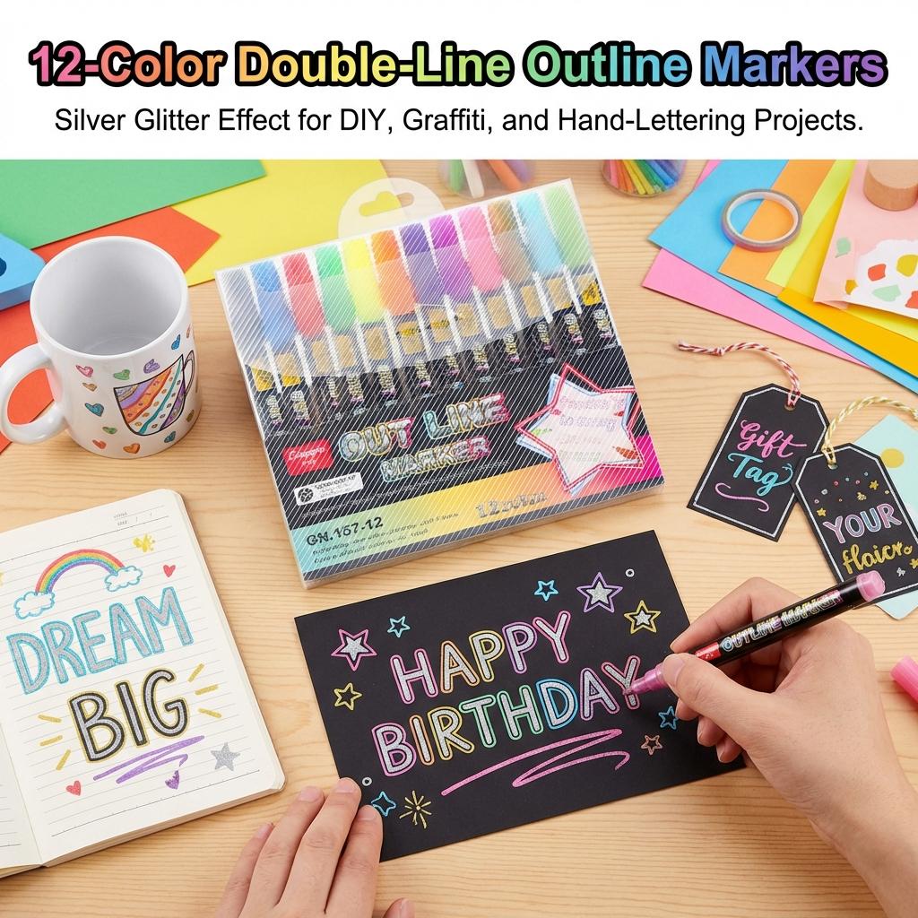 Double Line Outline Markers 12/24 Colors Set Dual Tip Pens for DIY Hand Drawing Doodling Art Craft Painting