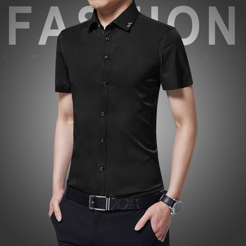 

Мужская приталенная повседневная рубашка с коротким рукавом в корейском стиле, не требующая глажки M