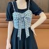 Summer French Style Twopiece Dress With Puff Sleeves And Bow For Petite Women