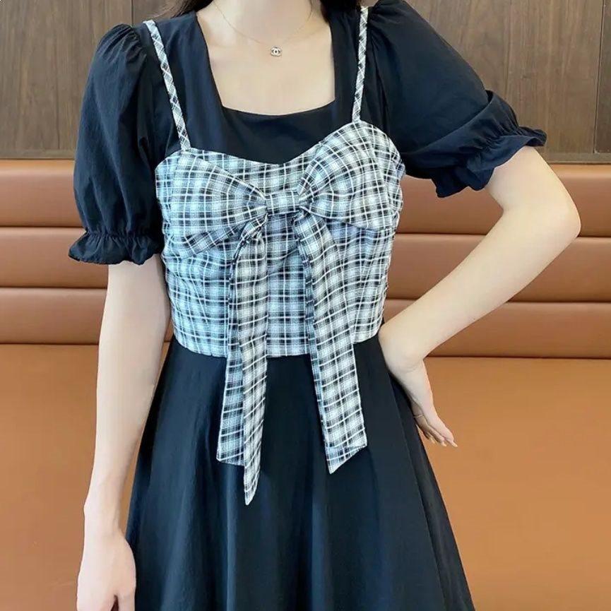 Summer French Style Twopiece Dress With Puff Sleeves And Bow For Petite Women