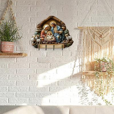 Wooden Christian Key Holder 2D Flat Jesus Communion Art Keychain Rack with 4 Hooks Religious Wall Mounted Key Rack for Entryway Home Decor