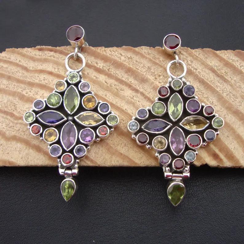 Vintage Oval Round Inlaid Purple Green Stone Flower Earrings Geometric Creativity copper Color Dangle Earrings for Women Jewelry