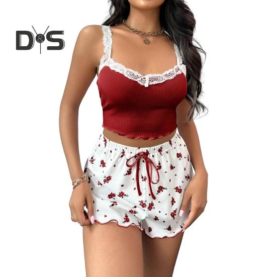 Women's 2 Piece Ribbed Pajama Set Sleeveless Lace Crop Cami Top And Tie Waist Shorts Set Summer Lounge Sleepwear Set