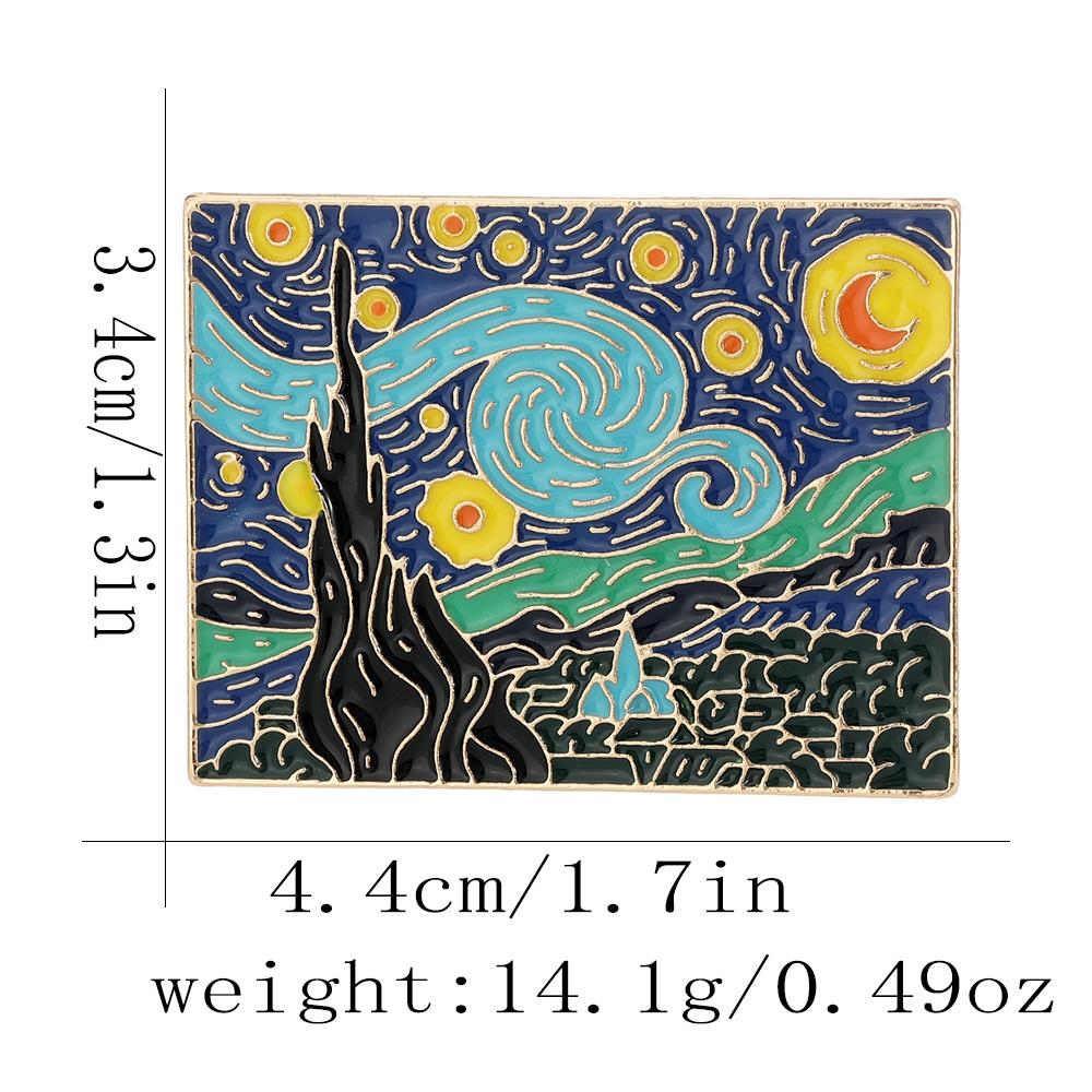 Funny The Starry Night Enamel Brooches Golden Square Badge Van Gogh Oil Painting Pins For Artist Item Gift