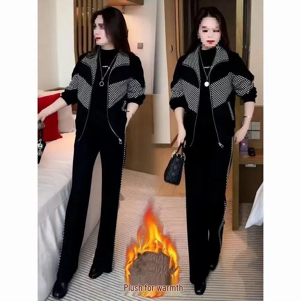 Velvet Plaid Patchwork Women's Suit: Trendy Fall/Winter Age-Reducing Two-Piece Set