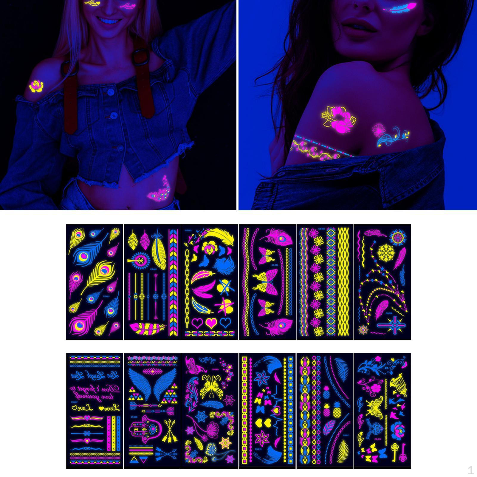 12 Glow in The Dark , Temporary Body Decorations for Blacklight Gatherings Style A