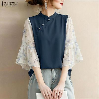 Womens Casual Stand Collar Print Splice 3/4 Sleeve Elegant Blouse