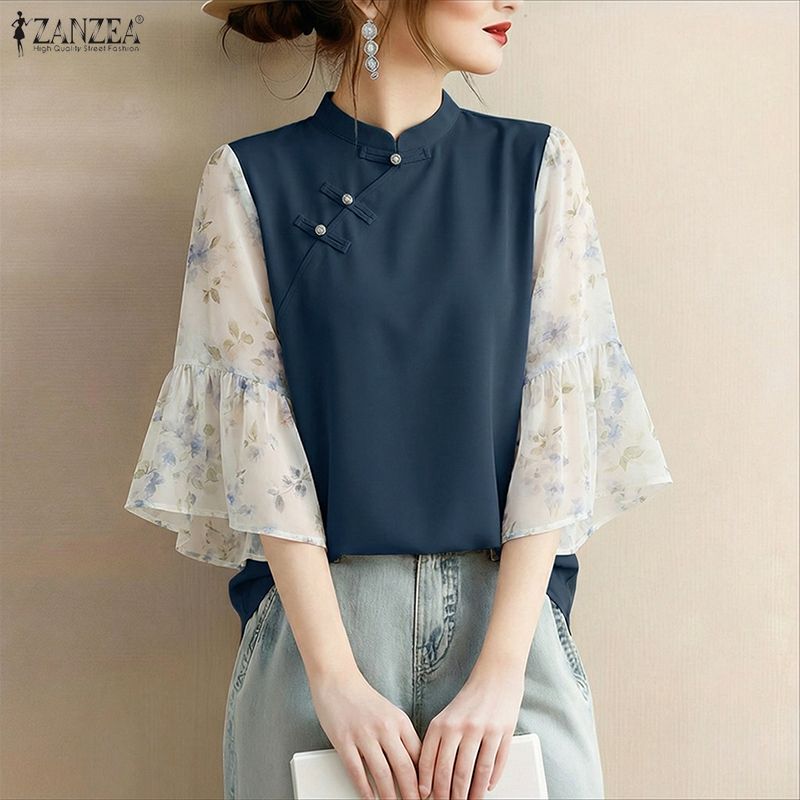 ZANZEA Damen Freizeit Stehkragen Print Patchwork 3/4 Ärmel Elegante Bluse