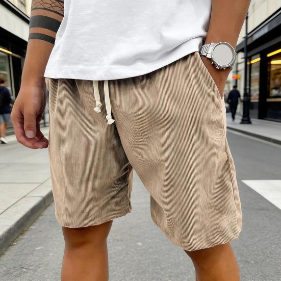 Men Shorts Elastic Waist Adjustable Leg Summer Corduroy Drawstring Wide Shorts with Pockets Loose Fit Casual