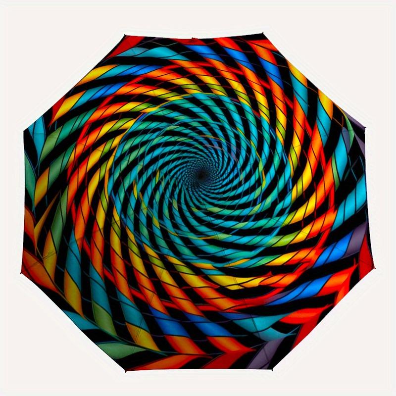 Colorful Spiral Patterned Stained Glass Window Panel Umbrella, Cute Umbrella with Cute Design, Portable 3-Fold Compact Umbrella for Men & Women, Valen