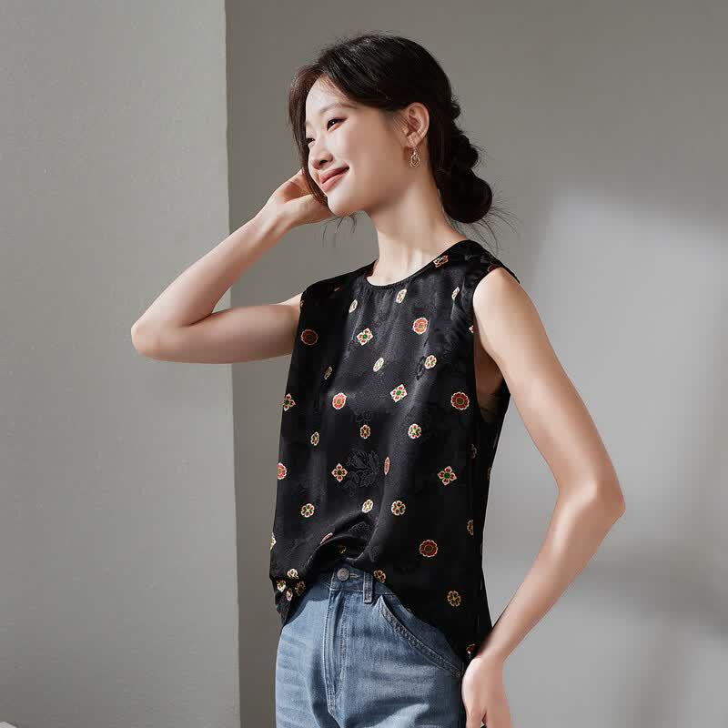 SOFSIL Women's Silk Blend Sleeveless Blouse with Chinese Print